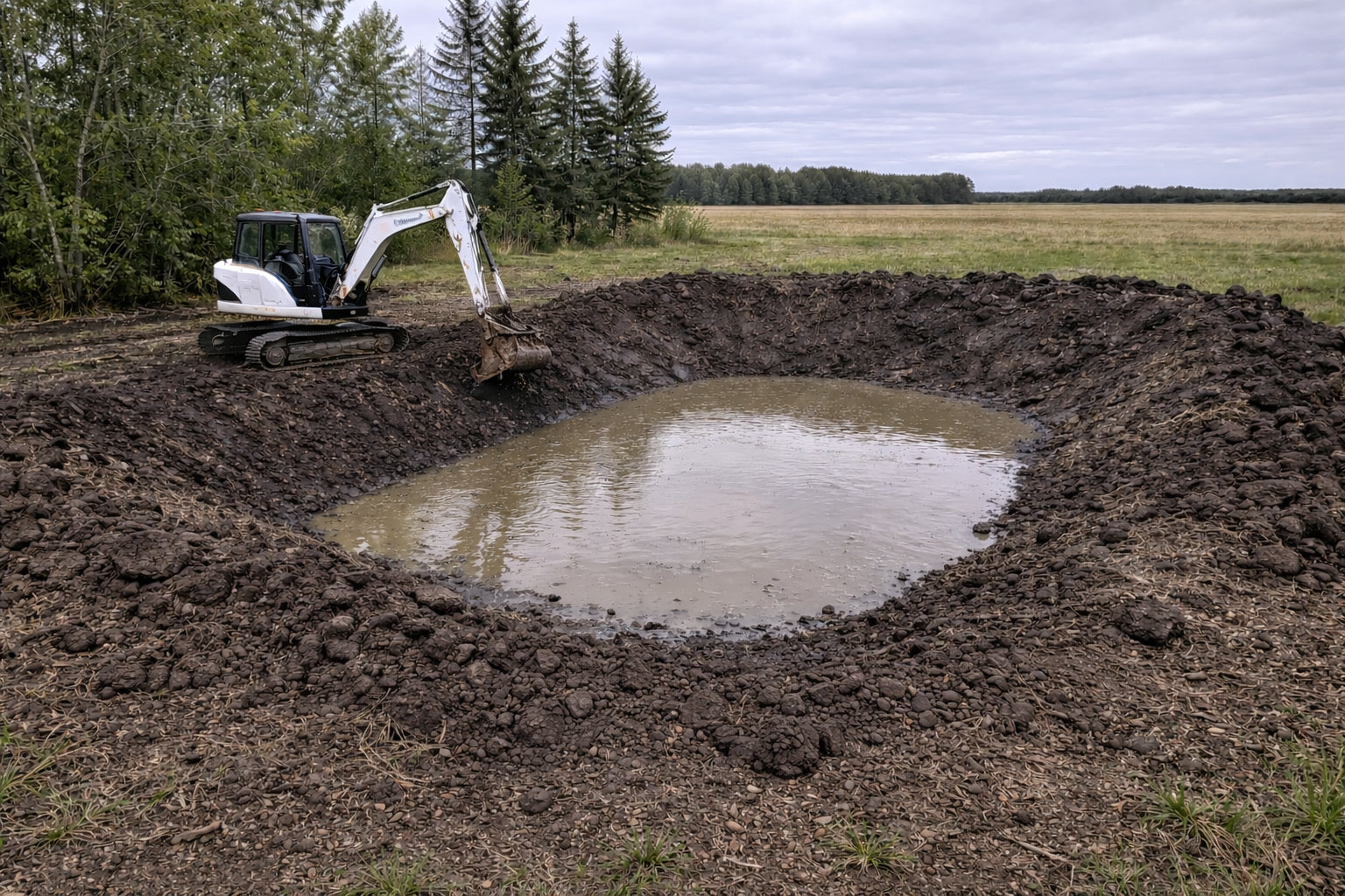 Dugout / Pond Digging — Small excavator, big result. Water holding within a day on this rural Manitoba property.